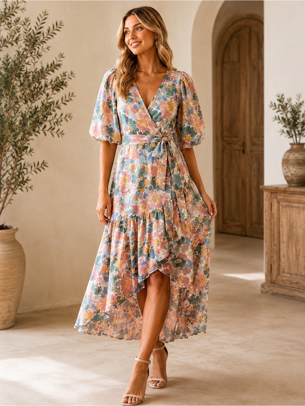 entro Pastel Floral High-Low Wrap Dress